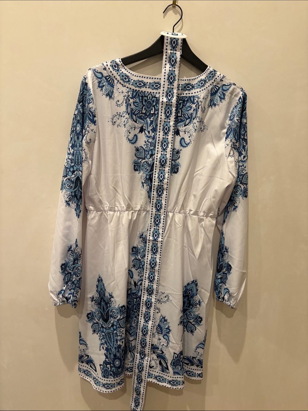 White & Blue Print Mini Dress - V-Neck Boho Tunic - Picture 3 of 12